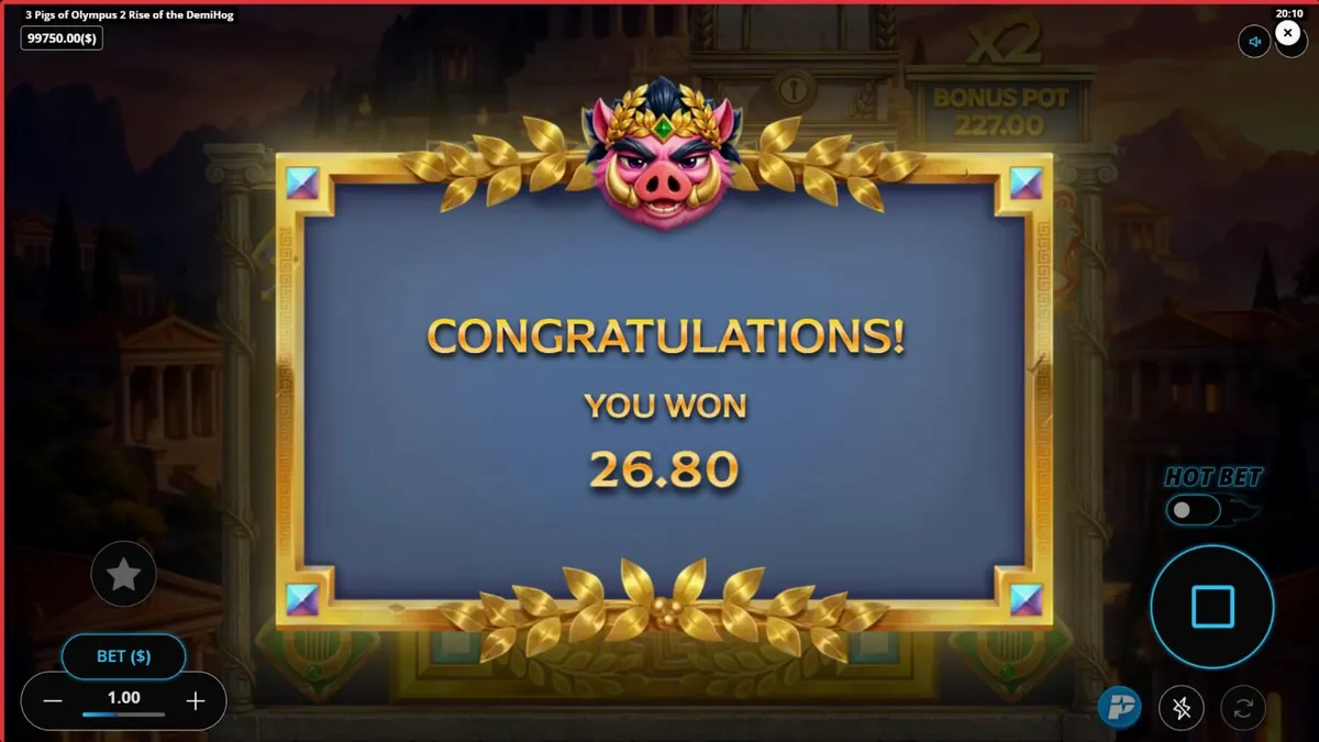 Ang 3 Pigs of Olympus 2 slot machine na nagpapakita ng mga pig gods sa background ng Mount Olympus.