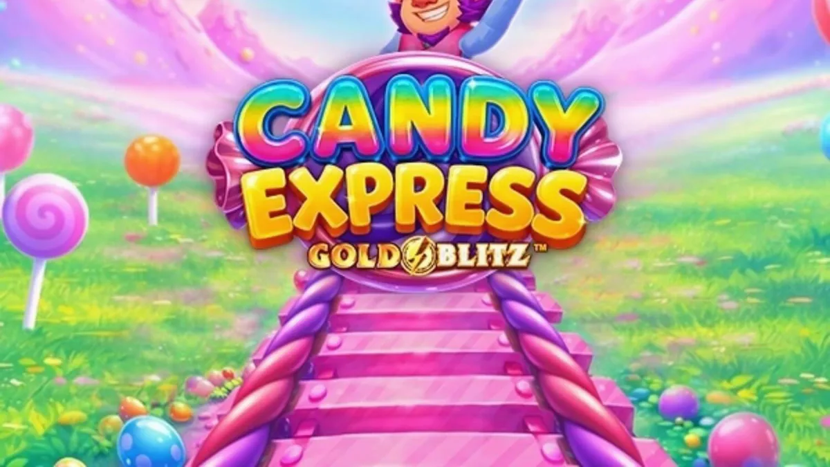 Makulay na disenyo ng Candy Express Gold Blitz slot na may mga kendi at tren